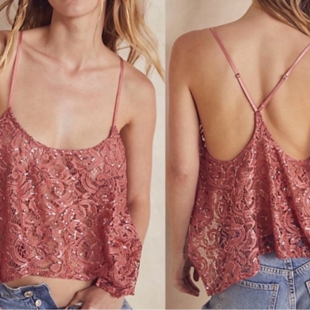 FREE PEOPLE Intimately Best Idea Sheer Lace Sequin Swing Cami Rose M NWOT